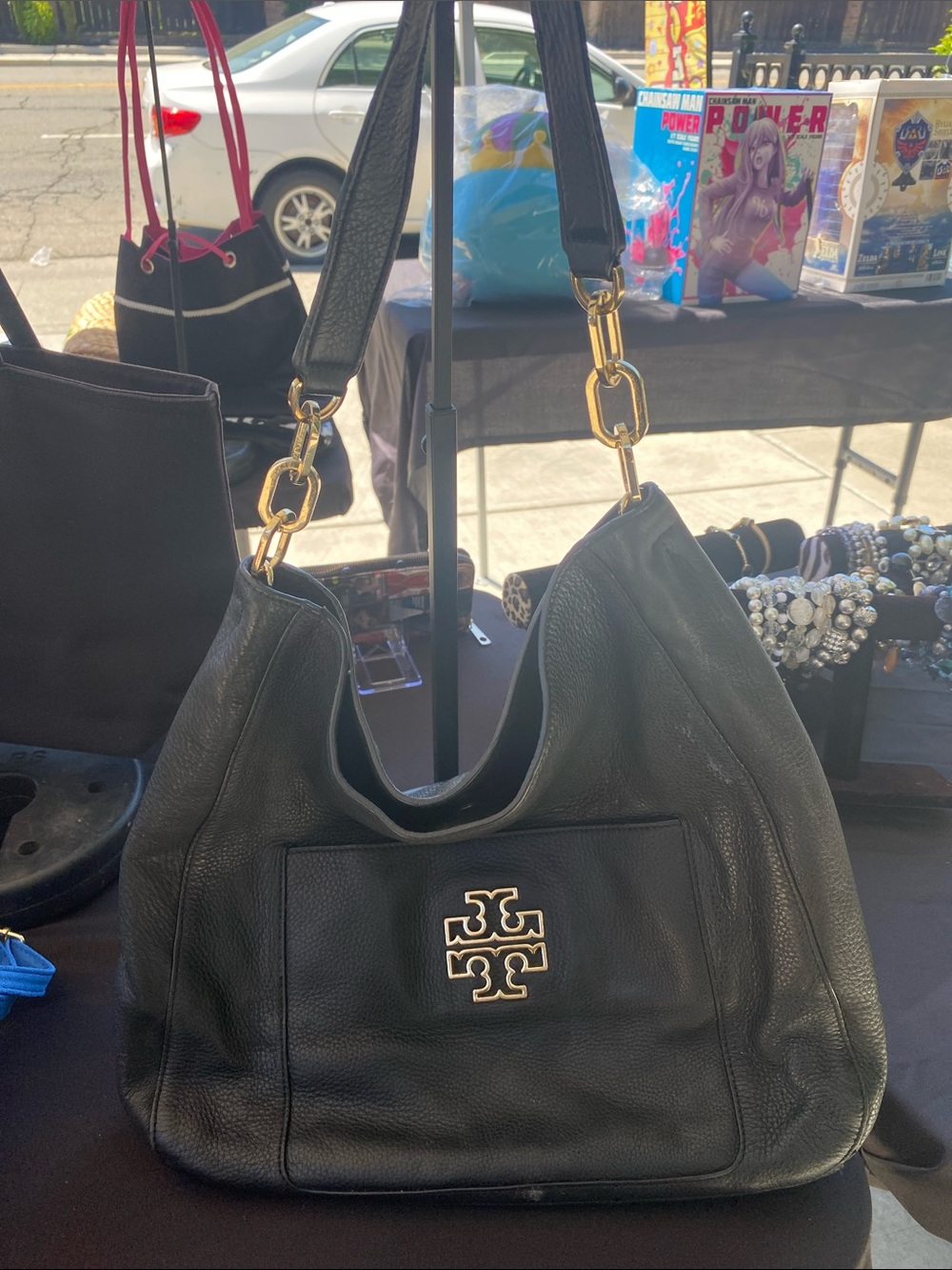 Tory Burch Black Leather Shoulder Bag with Gold Logo Hardware